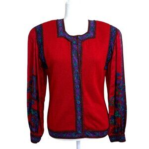 Anne Crimmins Umi Collections Red Knit Top Cardigan Embroidered-Trim Vintage